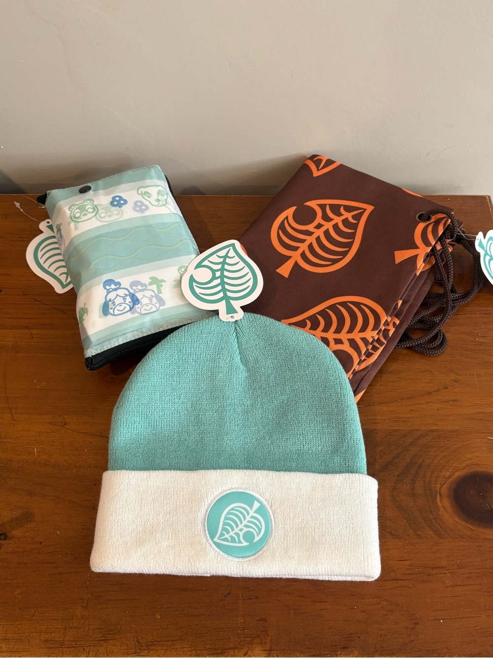 Animal Crossing lot of 5 items: hat, blankets, tote bag, drawstring bag